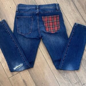 Current/Elliott Blue Jeans with Red Plaid Accent